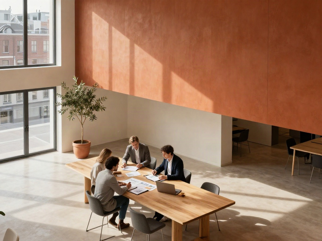 A leadership team reviewing strategy and business data in a sunlit contemporary meeting room